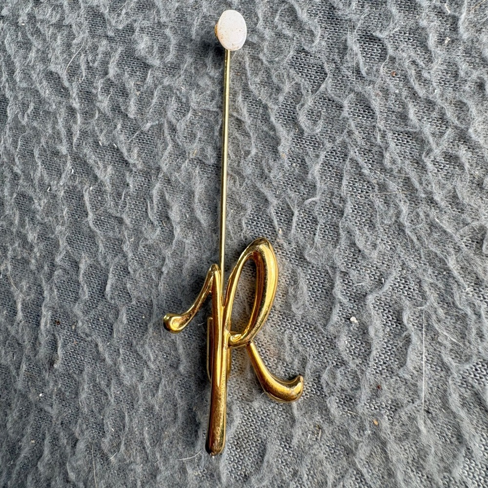 Vintage Gold Tone Initial R Stick Pin with White Cabochon Monogram Brooch